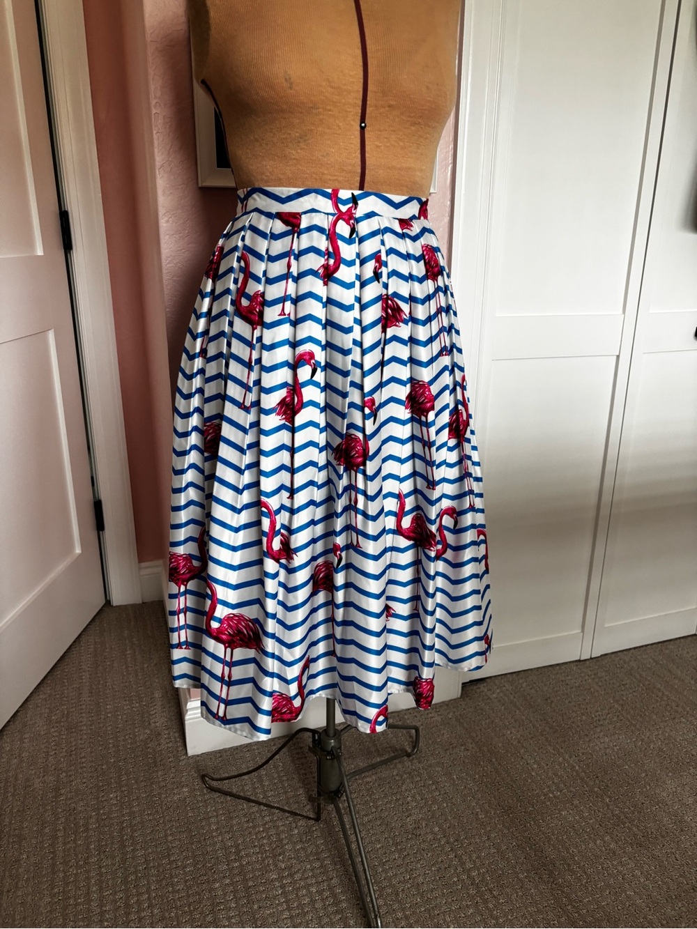 Women's Blue and White Stripe Midi Skirt with Pink Flamingo Print